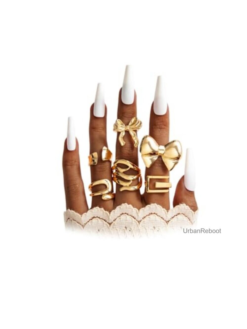 Gold Plated Bow Heart Pearl Ring Set Open Adjustable Crystal Flower Hammered